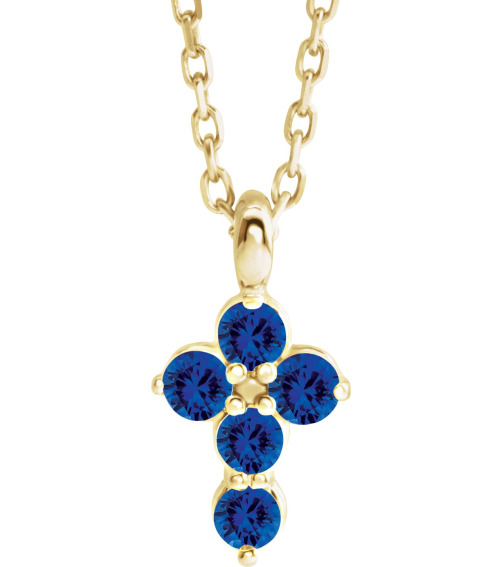 R42363 Necklace 14K Yellow Set Natural Blue Sapphire Round 2 Mm 11.5 X 6.1 Mm Polished Natural Blue Sapphire Cross 16-18 In Necklace