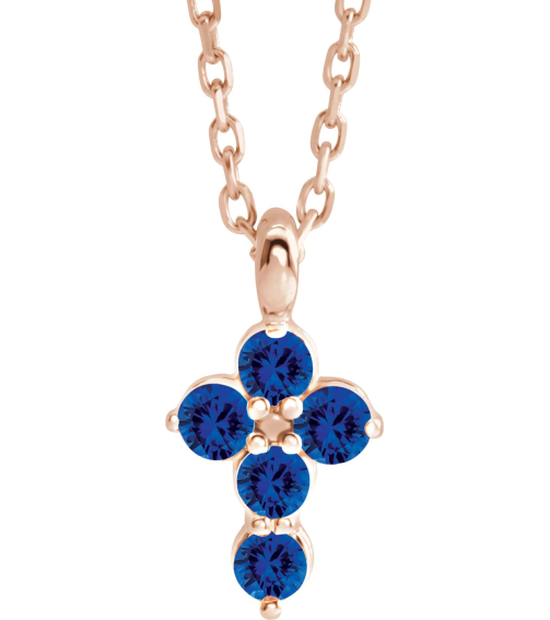 R42363 Necklace 14K Rose Set Lab-Grown Blue Sapphire Round 2 Mm 11.5 X 6.1 Mm Polished Lab-Grown Blue Sapphire Cross 16-18 In Necklace