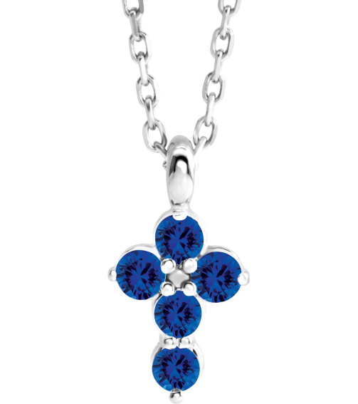 R42363 Necklace Platinum Set Lab-Grown Blue Sapphire Round 2 Mm 11.5 X 6.1 Mm Polished Lab-Grown Blue Sapphire Cross 16-18 In Necklace