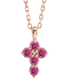 R42363 Necklace 14K Rose Set Natural Pink Tourmaline Round 2 Mm 11.5 X 6.1 Mm Polished Natural Pink Tourmaline Cross 16-18 In Necklace