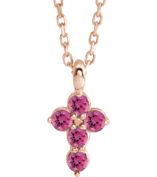 R42363 Necklace 14K Rose Set Natural Pink Tourmaline Round 2 Mm 11.5 X 6.1 Mm Polished Natural Pink Tourmaline Cross 16-18 In Necklace