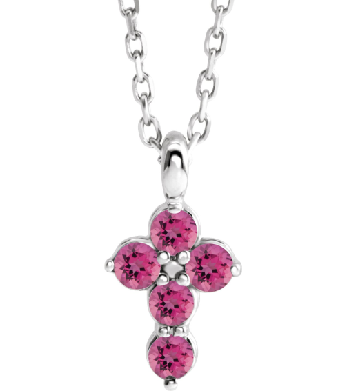 R42363 Necklace Platinum Set Natural Pink Tourmaline Round 2 Mm 11.5 X 6.1 Mm Polished Natural Pink Tourmaline Cross 16-18 In Necklace