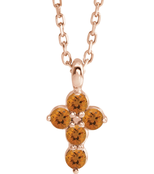 R42363 Necklace 14K Rose Set Natural Citrine Round 2 Mm 11.5 X 6.1 Mm Polished Natural Citrine Cross 16-18 In Necklace
