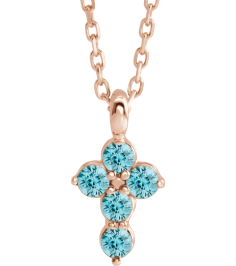 R42363 Necklace 14K Rose Set Natural Blue Zircon Round 2 Mm 11.5 X 6.1 Mm Polished Natural Blue Zircon Cross 16-18 In Necklace