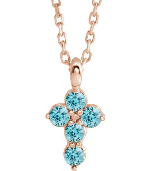 R42363 Necklace 14K Rose Set Natural Blue Zircon Round 2 Mm 11.5 X 6.1 Mm Polished Natural Blue Zircon Cross 16-18 In Necklace