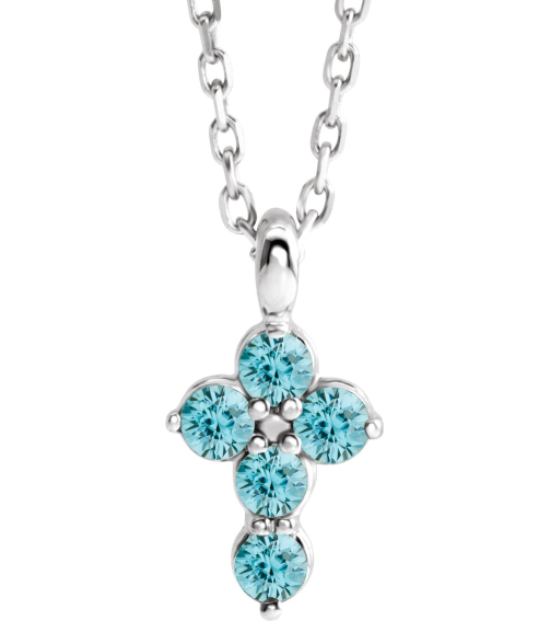 R42363 Necklace Platinum Set Natural Blue Zircon Round 2 Mm 11.5 X 6.1 Mm Polished Natural Blue Zircon Cross 16-18 In Necklace