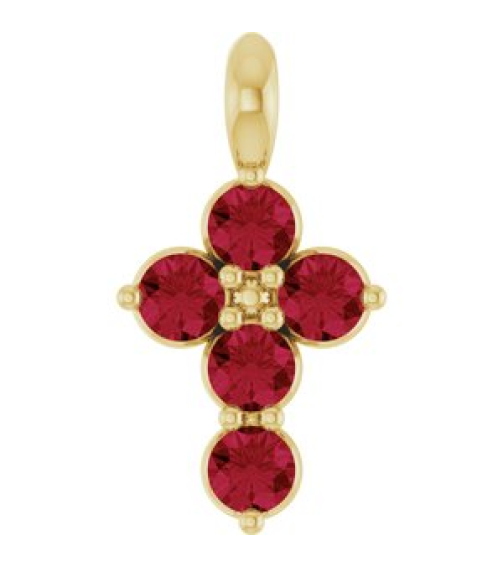 R42363 Pendant 14K Yellow Set Natural Ruby Round 2 Mm 11.5 X 6.1 Mm Polished Natural Ruby Cross Pendant