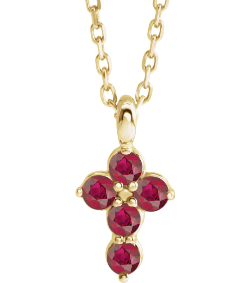 R42363 Necklace 14K Yellow Set Natural Ruby Round 2 Mm 11.5 X 6.1 Mm Polished Natural Ruby Cross 16-18 In Necklace