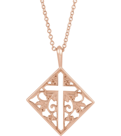 R42397 Necklace 14K Rose 23.39 X 18 Mm 16-18 In Polished Ornate Pierced Cross Necklace