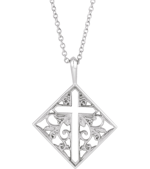 R42397 Necklace 14K White 23.39 X 18 Mm 16-18 In Polished Ornate Pierced Cross Necklace