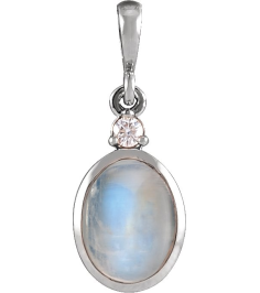 87438 Pendant Set 14K White Oval Natural Rainbow Moonstone 6 X 4Mm 0.015 Ct Natural Diamond I1, G-H Polished Natural Rainbow Moonstone And Natural Diamond Bezel-Set Cabochon Pendant