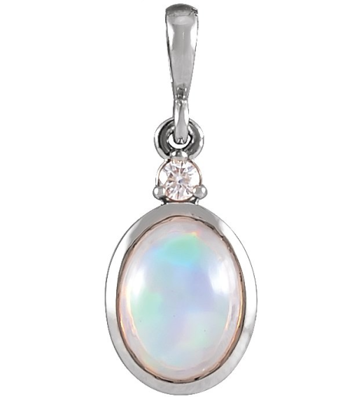 87438 Pendant Set 14K White Oval Natural Ethiopian Opal 8 X 6Mm 0.03 Ct Natural Diamond I1, G-H Polished Natural Ethiopian Opal And .03 Ctw Natural Diamond Bezel-Set Cabochon Pendant