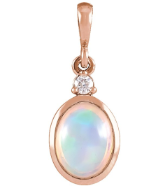 87438 Pendant Set 14K Rose Oval Natural Ethiopian Opal 6 X 4Mm 0.015 Ct Natural Diamond I1, G-H Polished Natural Ethiopian Opal And Natural Diamond Bezel-Set Cabochon Pendant