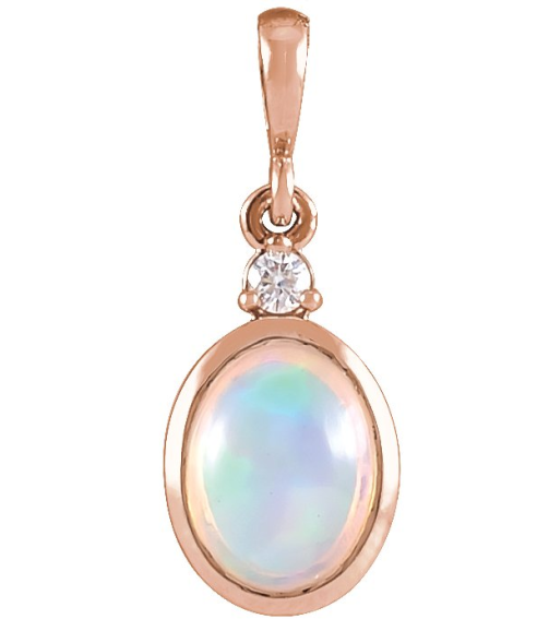 87438 Pendant Set 14K Rose Oval Natural Ethiopian Opal 6 X 4Mm 0.015 Ct Natural Diamond I1, G-H Polished Natural Ethiopian Opal And Natural Diamond Bezel-Set Cabochon Pendant
