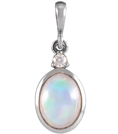 87438 Pendant Set 14K White Oval Natural Ethiopian Opal 6 X 4Mm 0.015 Ct Natural Diamond I1, G-H Polished Natural Ethiopian Opal And Natural Diamond Bezel-Set Cabochon Pendant