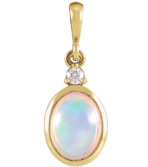 87438 Pendant Set 14K Yellow Oval Natural Ethiopian Opal 6 X 4Mm 0.015 Ct Natural Diamond I1, G-H Polished Natural Ethiopian Opal And Natural Diamond Bezel-Set Cabochon Pendant