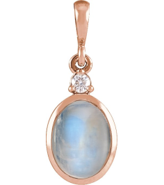 87438 Pendant Set 14K Rose Oval Natural Rainbow Moonstone 8 X 6Mm 0.03 Ct Natural Diamond I1, G-H Polished Natural Rainbow Moonstone And .03 Ctw Natural Diamond Bezel-Set Cabochon Pendant
