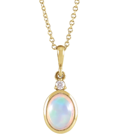 87438 Necklace Set 14K Yellow Oval Natural Ethiopian Opal 6 X 4Mm 0.015 Ct Natural Diamond I1, G-H 16-18 In Polished Natural Ethiopian Opal And Natural Diamond Bezel-Set Cabochon Necklace