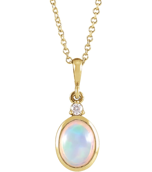 87438 Necklace Set 14K Yellow Oval Natural Ethiopian Opal 6 X 4Mm 0.015 Ct Natural Diamond I1, G-H 16-18 In Polished Natural Ethiopian Opal And Natural Diamond Bezel-Set Cabochon Necklace