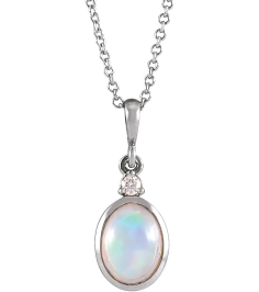87438 Necklace Set 14K White Oval Natural Ethiopian Opal 6 X 4Mm 0.015 Ct Natural Diamond I1, G-H 16-18 In Polished Natural Ethiopian Opal And Natural Diamond Bezel-Set Cabochon Necklace