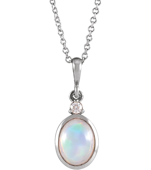 87438 Necklace Set 14K White Oval Natural Ethiopian Opal 6 X 4Mm 0.015 Ct Natural Diamond I1, G-H 16-18 In Polished Natural Ethiopian Opal And Natural Diamond Bezel-Set Cabochon Necklace
