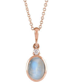 87438 Necklace Set 14K Rose Oval Natural Rainbow Moonstone 6 X 4Mm 0.015 Ct Natural Diamond I1, G-H 16-18 In Polished Natural Rainbow Moonstone And Natural Diamond Bezel-Set Cabochon Necklace