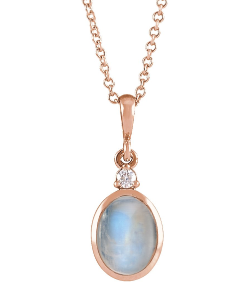 87438 Necklace Set 14K Rose Oval Natural Rainbow Moonstone 6 X 4Mm 0.015 Ct Natural Diamond I1, G-H 16-18 In Polished Natural Rainbow Moonstone And Natural Diamond Bezel-Set Cabochon Necklace