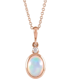 87438 Necklace Set 14K Rose Oval Natural Ethiopian Opal 6 X 4Mm 0.015 Ct Natural Diamond I1, G-H 16-18 In Polished Natural Ethiopian Opal And Natural Diamond Bezel-Set Cabochon Necklace