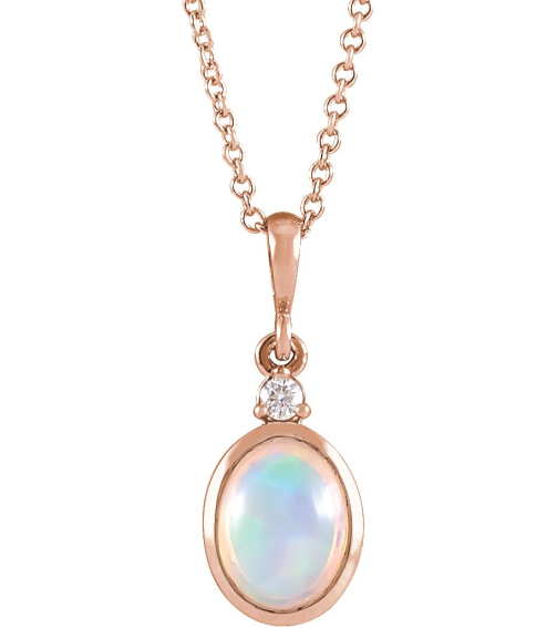87438 Necklace Set 14K Rose Oval Natural Ethiopian Opal 6 X 4Mm 0.015 Ct Natural Diamond I1, G-H 16-18 In Polished Natural Ethiopian Opal And Natural Diamond Bezel-Set Cabochon Necklace