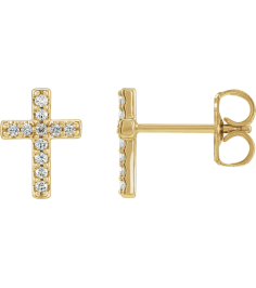 R17013 Earring Set 14K Yellow 8.9 X 7 Mm Natural Diamond Round 1Mm 0.04 Ctw Each Friction Back Included Polished 0.04 Ctw Natural Diamond Cross Earring