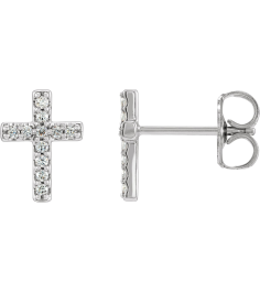 R17013 Earring Set 14K White 8.9 X 7 Mm Natural Diamond Round 1Mm 0.04 Ctw Each Friction Back Included Polished 0.04 Ctw Natural Diamond Cross Earring
