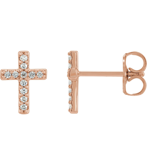 R17013 Earring Set 14K Rose 8.9 X 7 Mm Natural Diamond Round 1Mm 0.04 Ctw Each Friction Back Included Polished 0.04 Ctw Natural Diamond Cross Earring