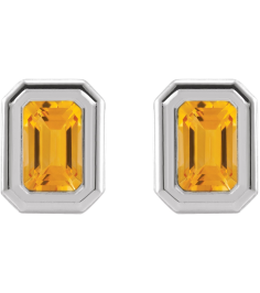 87364 Earring Set Natural Citrine Emerald 5 X 3 Mm 14K White Pair Friction Backs Included Polished Solitaire Bezel-Set Earrings
