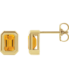 87364 Earring Set Natural Citrine Emerald 5 X 3 Mm 14K Yellow Pair Friction Backs Included Polished Solitaire Bezel-Set Earrings