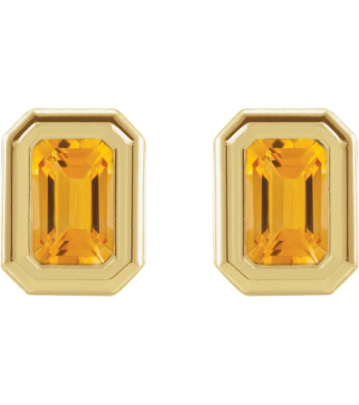 87364 Earring Set Natural Citrine Emerald 5 X 3 Mm 14K Yellow Pair Friction Backs Included Polished Solitaire Bezel-Set Earrings