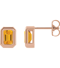 87364 Earring Set Natural Citrine Emerald 5 X 3 Mm 14K Rose Pair Friction Backs Included Polished Solitaire Bezel-Set Earrings