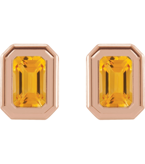 87364 Earring Set Natural Citrine Emerald 5 X 3 Mm 14K Rose Pair Friction Backs Included Polished Solitaire Bezel-Set Earrings