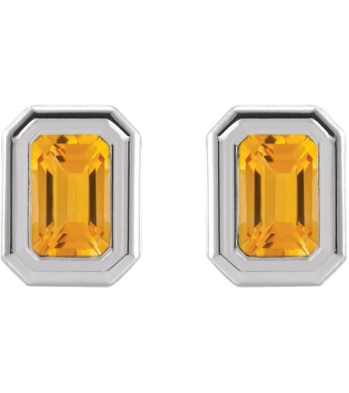 87364 Earring Set Natural Citrine Emerald 5 X 3 Mm Sterling Silver Pair Friction Backs Included Polished Solitaire Bezel-Set Earrings
