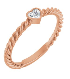 124545 Ring Set 14K Rose Natural Diamond Heart 3.5 X 3.2 Mm Polished 16 Ct Natural Diamond Bezel-Set Stackable Rope Ring