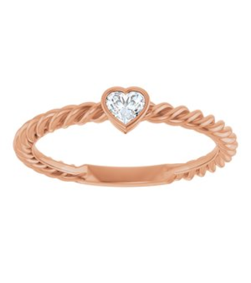 124545 Ring Set 14K Rose Natural Diamond Heart 3.5 X 3.2 Mm Polished 16 Ct Natural Diamond Bezel-Set Stackable Rope Ring