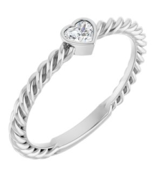 124545 Ring Set 14K White Natural Diamond Heart 3.5 X 3.2 Mm Polished 16 Ct Natural Diamond Bezel-Set Stackable Rope Ring