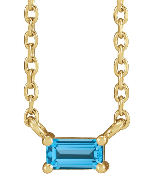 87521 Necklace Set 14K Yellow Straight Baguette Natural Swiss Blue Topaz 4 X 2 Mm 18 In Polished Natural Swiss Blue Topaz 4-Prong Solitaire Necklace