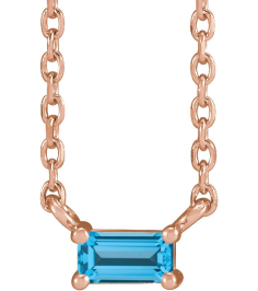 87521 Necklace Set 14K Rose Straight Baguette Natural Swiss Blue Topaz 4 X 2 Mm 18 In Polished Natural Swiss Blue Topaz 4-Prong Solitaire Necklace