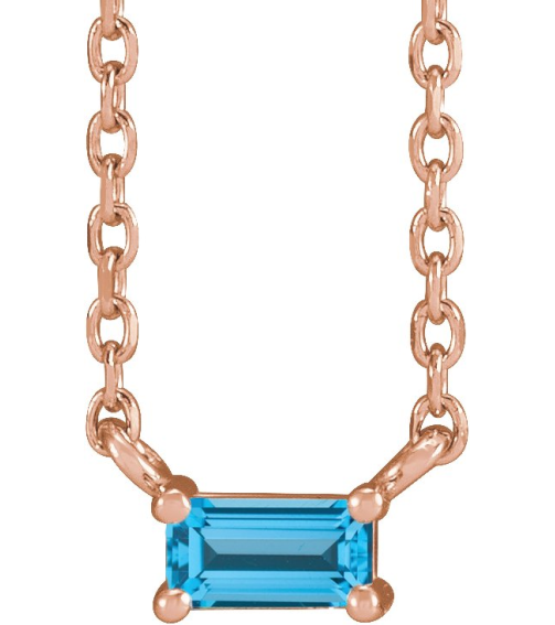 87521 Necklace Set 14K Rose Straight Baguette Natural Swiss Blue Topaz 4 X 2 Mm 18 In Polished Natural Swiss Blue Topaz 4-Prong Solitaire Necklace