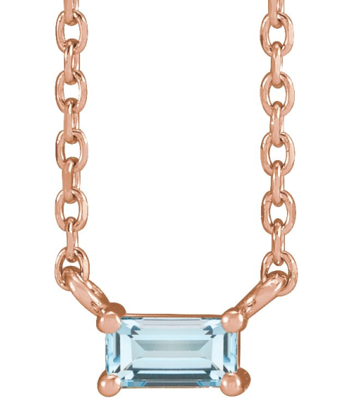 87521 Necklace Set 14K Rose Straight Baguette Natural Sky Blue Topaz 4 X 2 Mm 18 In Polished Natural Sky Blue Topaz 4-Prong Solitaire Necklace