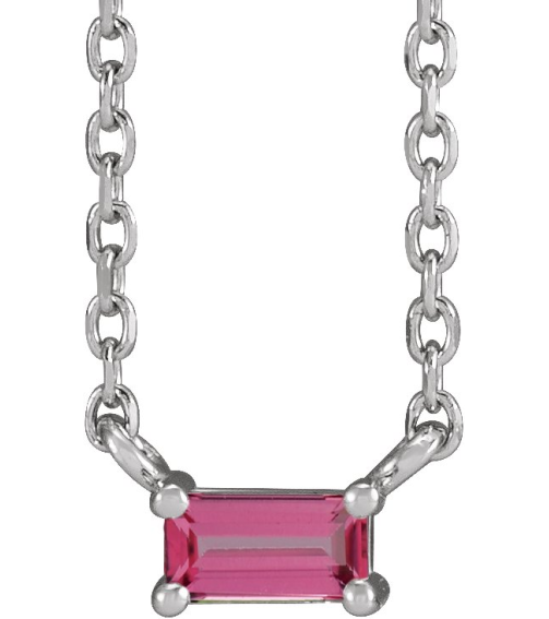 87521 Necklace Set 14K White Straight Baguette Natural Pink Tourmaline 4 X 2 Mm 18 In Polished Natural Pink Tourmaline 4-Prong Solitaire Necklace