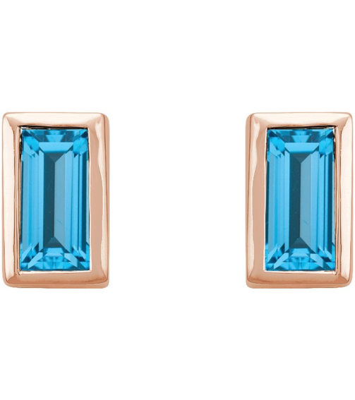 2000410 14K Rose Set Straight Baguette Natural Swiss Blue Topaz Pair 4 X 2 Mm Friction Friction Backs Included Bezel Polished Natural Swiss Blue Topaz Bezel-Set Earrings