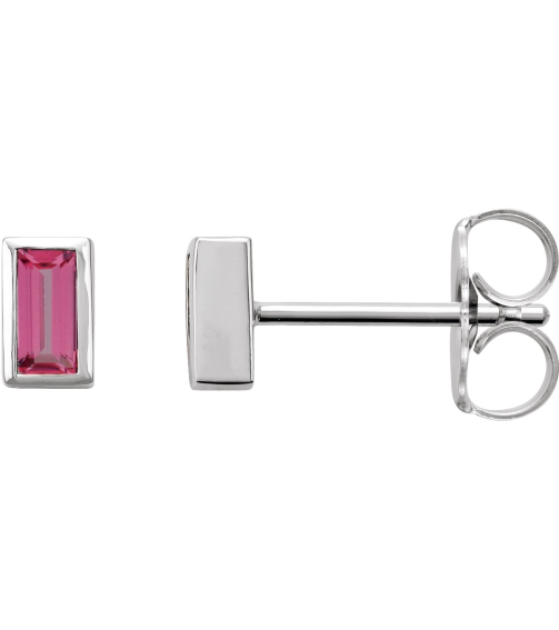 2000410 14K White Set Straight Baguette Natural Pink Tourmaline Pair 4 X 2 Mm Friction Friction Backs Included Bezel Polished Natural Pink Tourmaline Bezel-Set Earrings