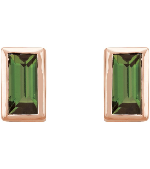 2000410 14K Rose Set Straight Baguette Natural Green Tourmaline Pair 4 X 2 Mm Friction Friction Backs Included Bezel Polished Natural Green Tourmaline Bezel-Set Earrings
