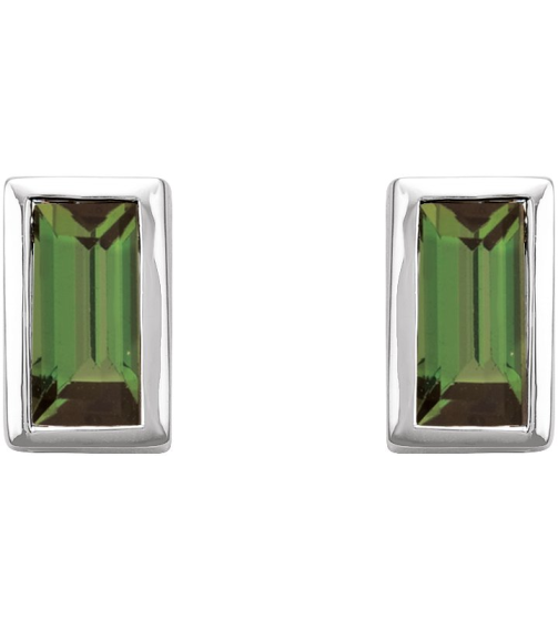 2000410 Platinum Set Straight Baguette Natural Green Tourmaline Pair 4 X 2 Mm Friction Friction Backs Included Bezel Polished Natural Green Tourmaline Bezel-Set Earrings